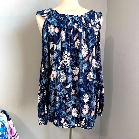 INC International Concepts 3X Blue Floral Cold Shoulder Blouse Top Ruffled Neck - Picture 5 of 13